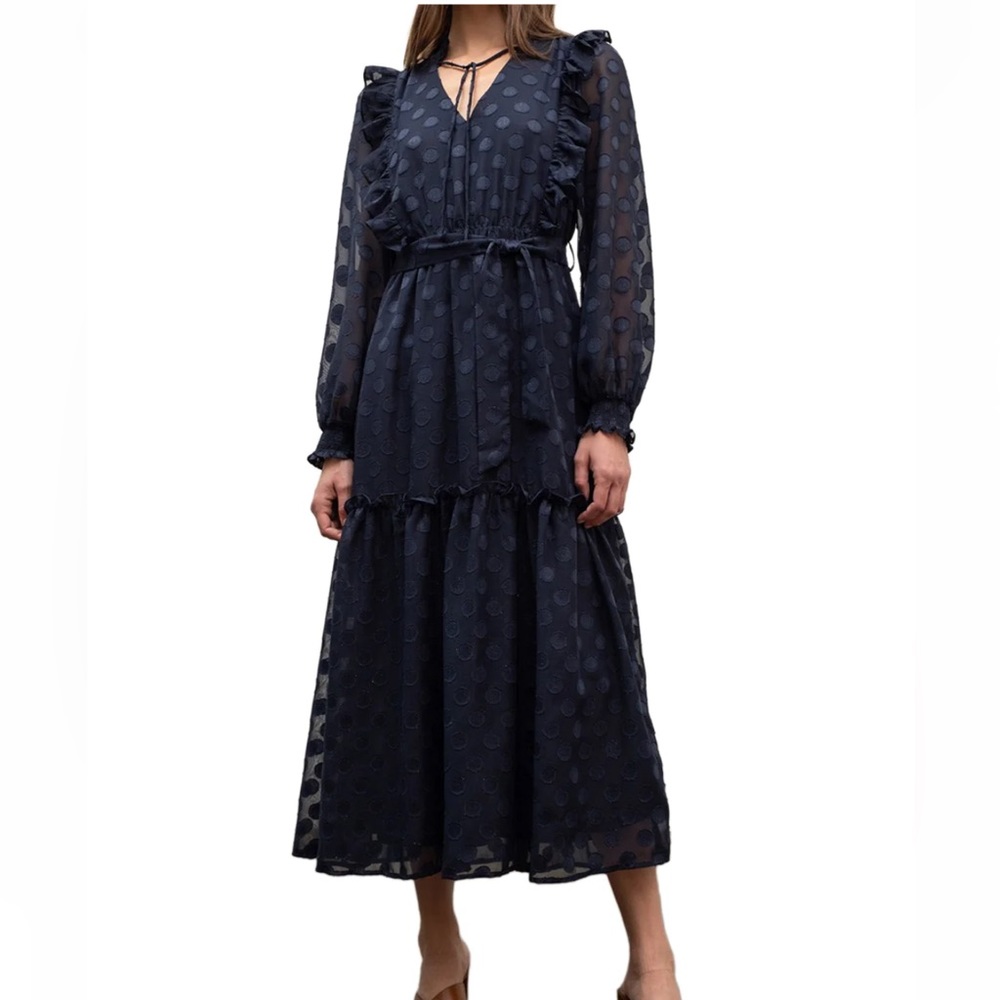 Moon River Polkadot Tiered Ruffle Midi Dress Navy